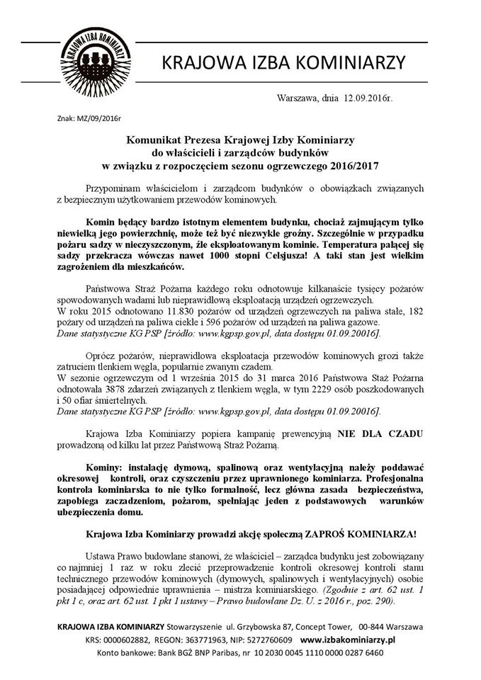 Ilustracja do artykuły: Komunikat Prezesa Krajowej Izby Kominiarzy.