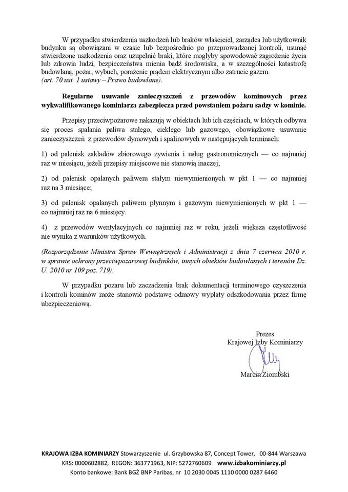 Komunikat Prezesa Krajowej Izby Kominiarzy. - zdjęcie 1