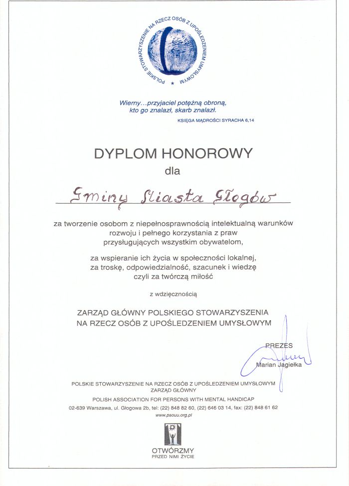 dyplom Dyplom Honorowy dla Gminy Miasta Głogów