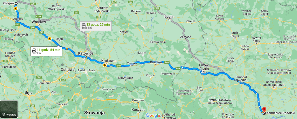 Trasa z Głogowa do Kamieńca Podolskiego w Mapach Google