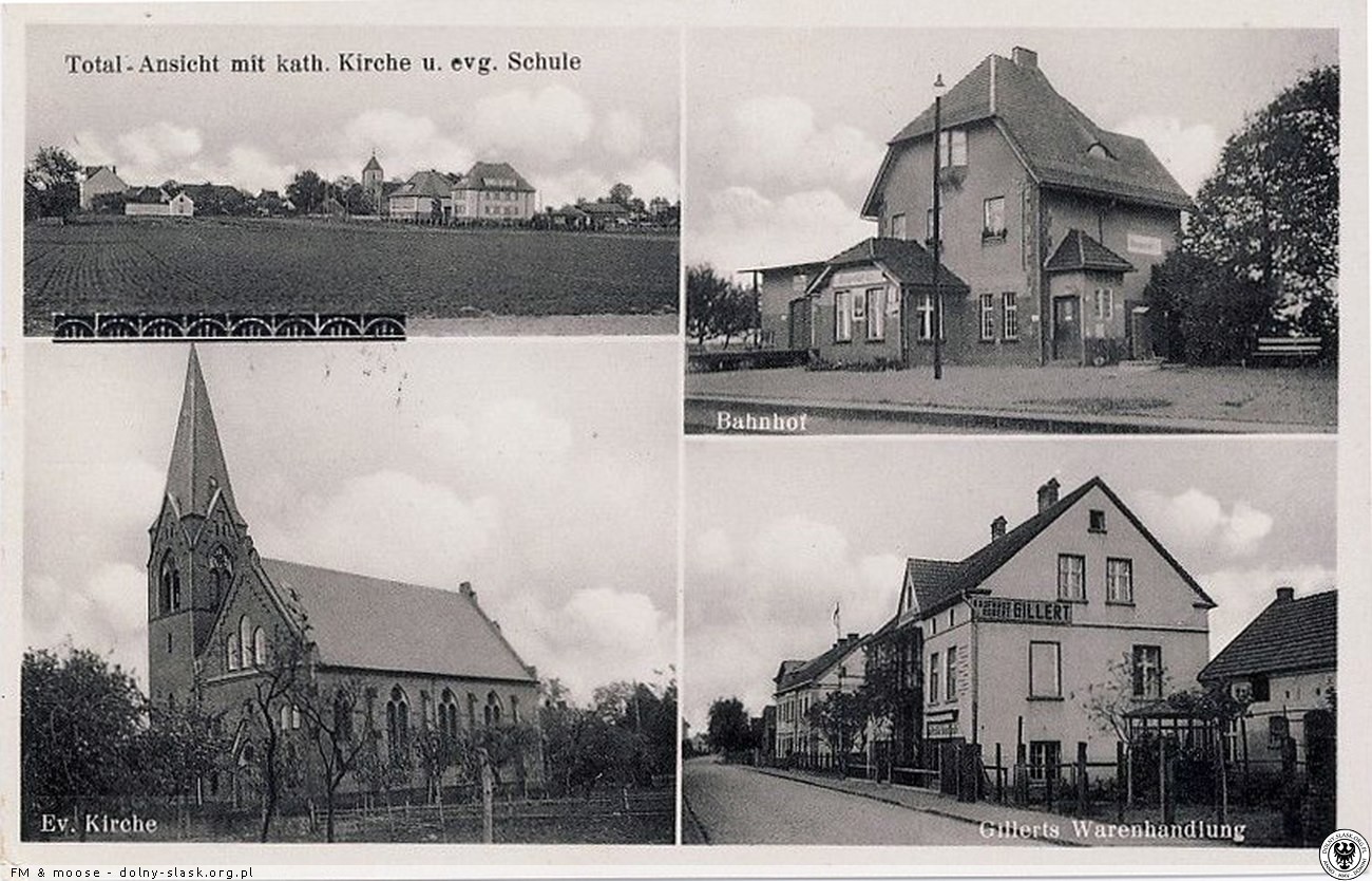 Widok na kości&oacute;ł Tr&oacute;jcy Świętej, szkołę ewangelicką, przystanek i sklep