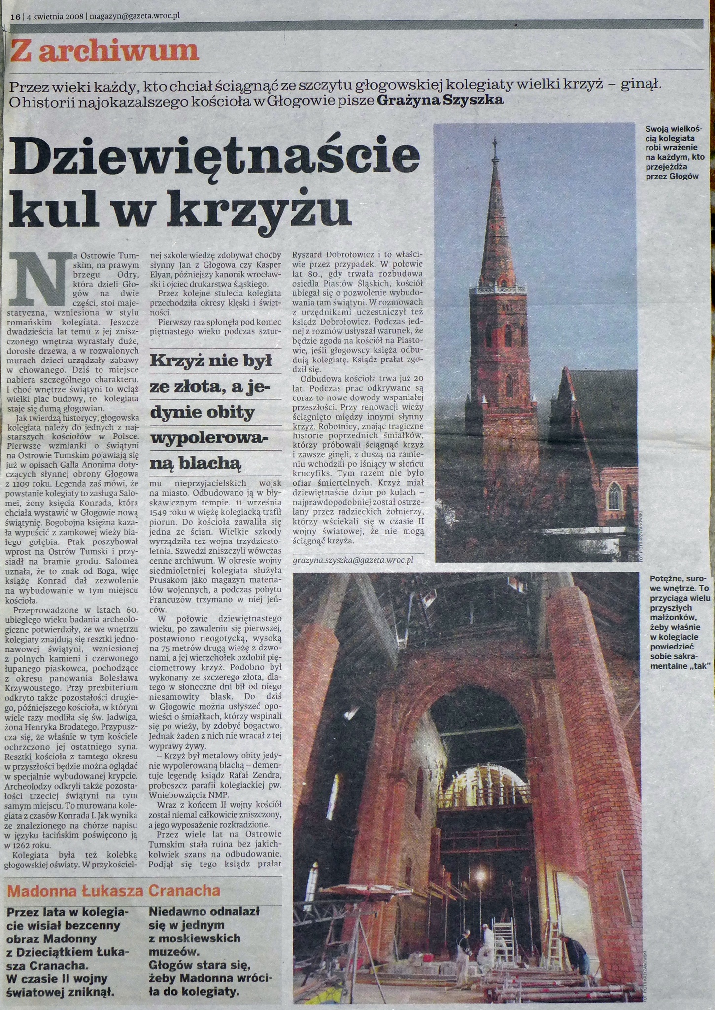 Artykuł prasowy o renowacji wieży i krzyża