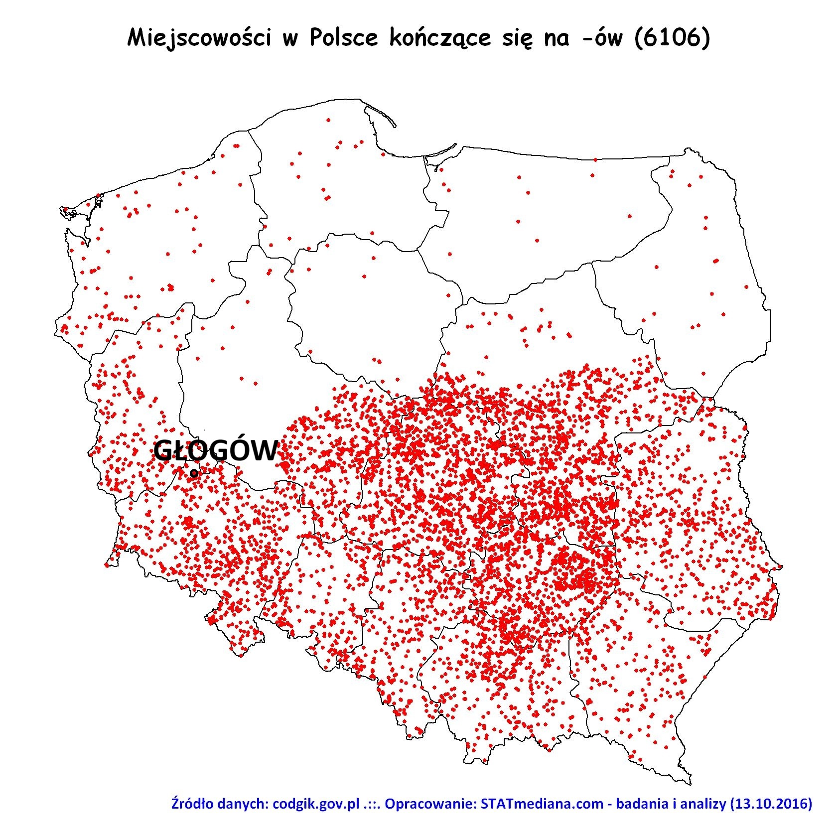 Miejscowości z końc&oacute;wką -&oacute;w na mapie Polski