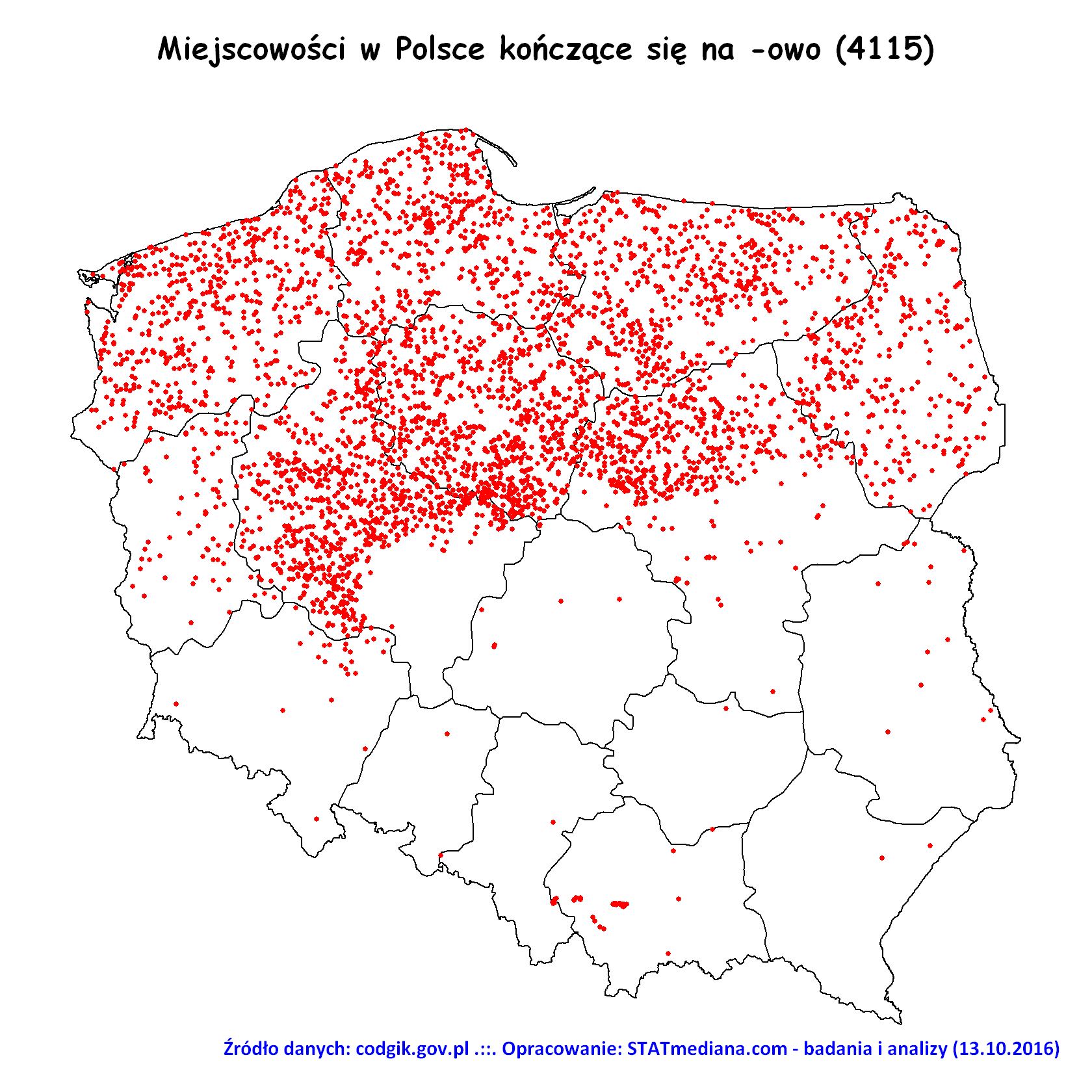 Miejscowości z końc&oacute;wką -owo na mapie Polski