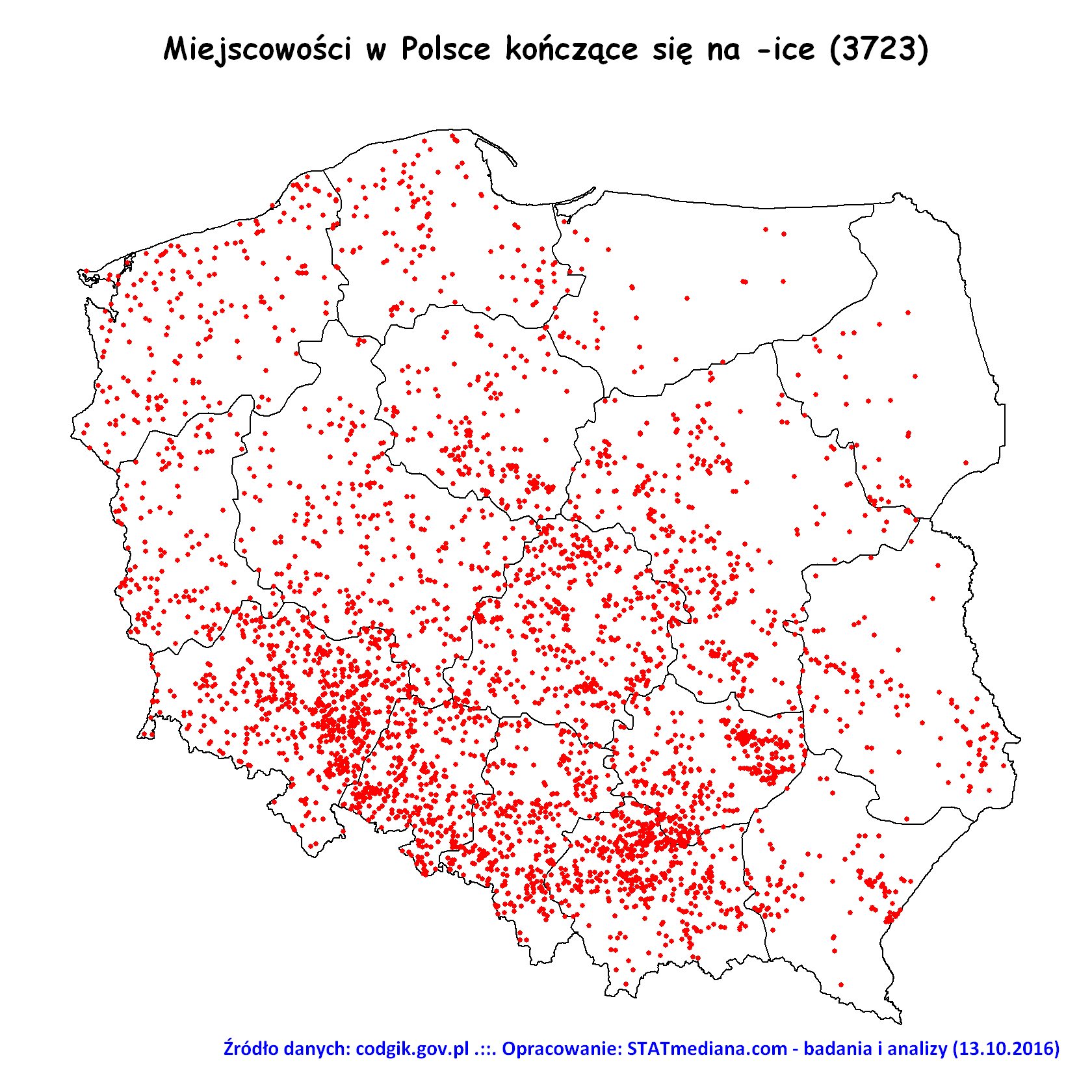 Miejscowości z końc&oacute;wką -ice na mapie Polski