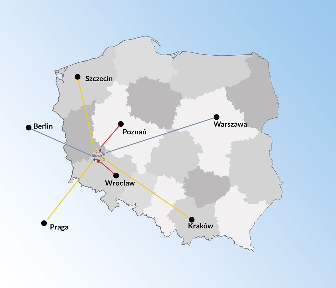 Mapa położenia Głogowa względem ważnych miast