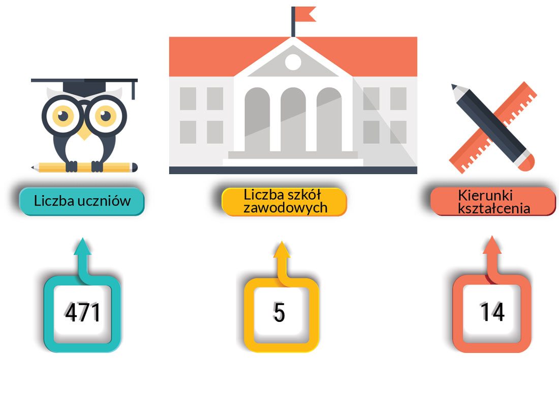 dane o szkołach zawodowych: liczba uczniów 593; liczba szkół zawodowych 5; liczba kierunków 14